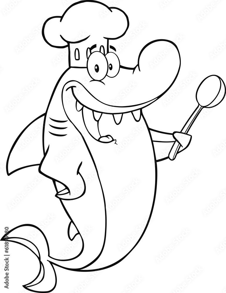 Obraz premium Black And White Chef Shark Cartoon Character With Big Spoon