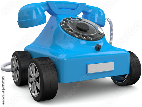 blaues Telefon auf Rädern