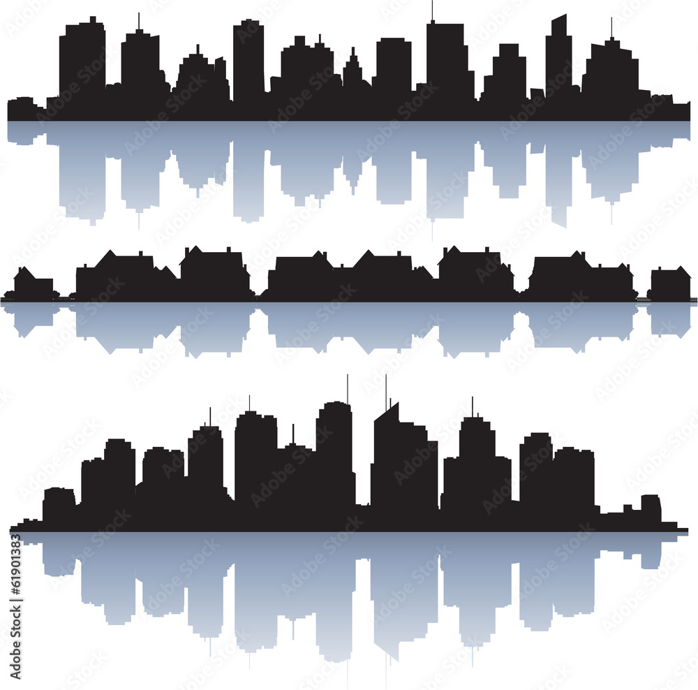 Black vector cityscapes silhouettes with reflection
