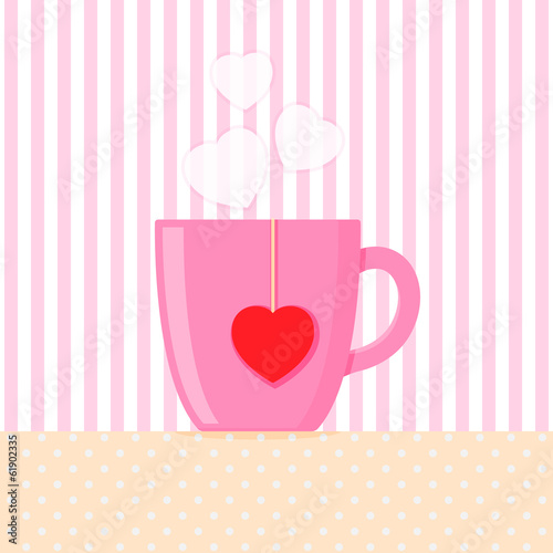 Pink Cup And Hearts. Greeting Card Template. Vector