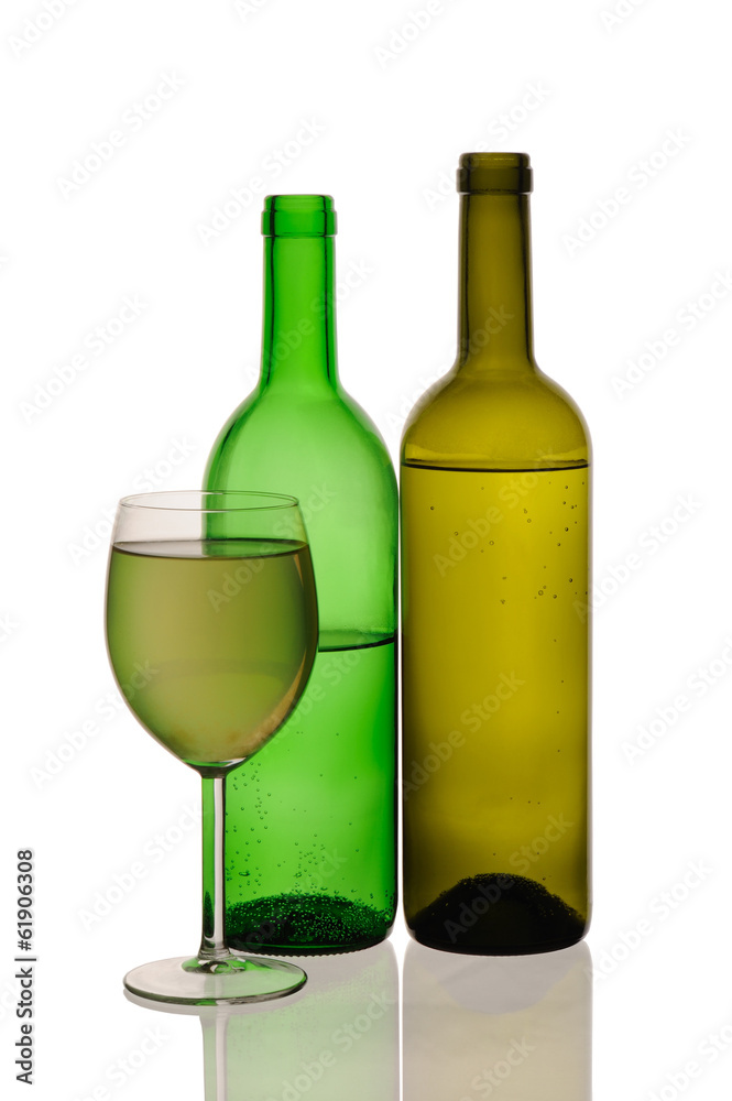 Special white wine bottles and glass
