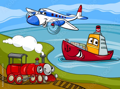 Obraz samolot statek ilustracja kreskówka pociąg