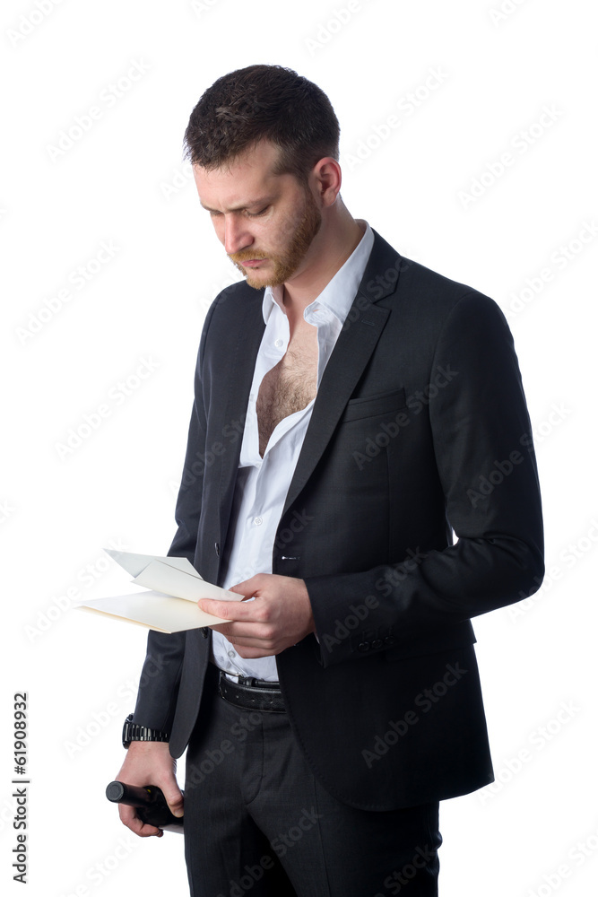 frustrated depressed businessman looking at bills frustrated depressed businessman looking at bills