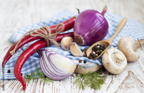 chilis, red onion,  mushrooms and garlic