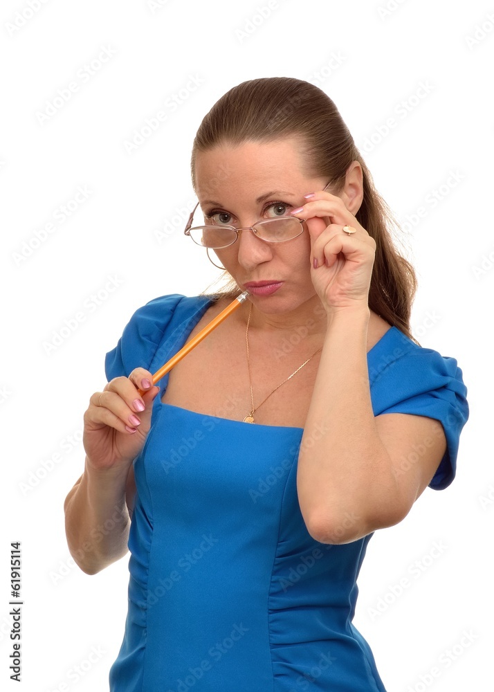 Business woman with a pencil in her hand and wearing glasses Business woman with a pencil in her hand and wearing glasses