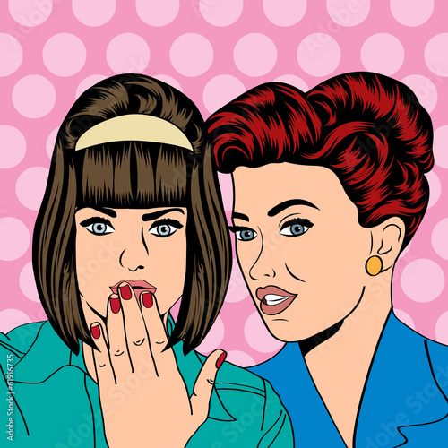 Two young girlfriends talking, comic art illustration