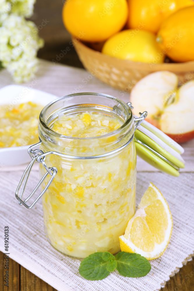 Tasty lemon jam on table close-up Tasty lemon jam on table close-up