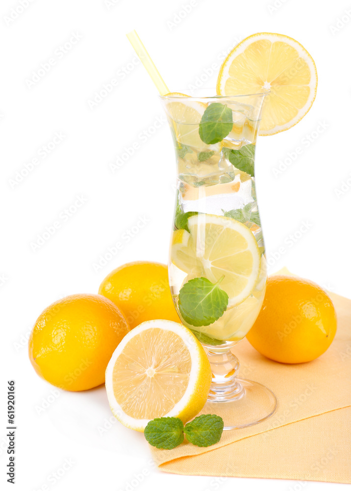 Glass of cocktail with lemon and mint isolated on white Glass of cocktail with lemon and mint isolated on white