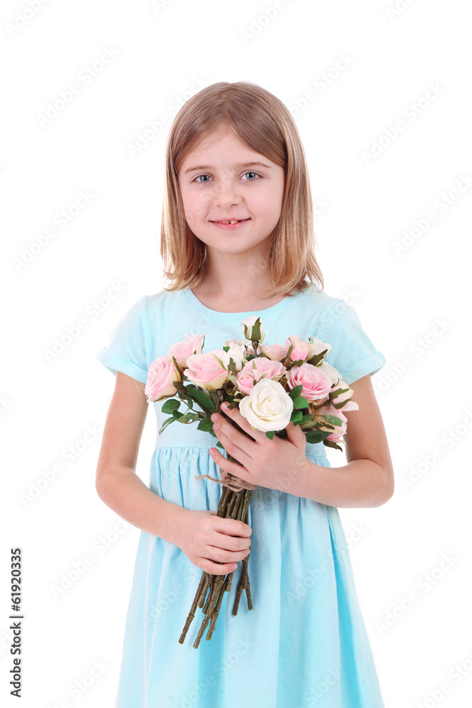 Beautiful little girl holding bouquet isolated on white Beautiful little girl holding bouquet isolated on white
