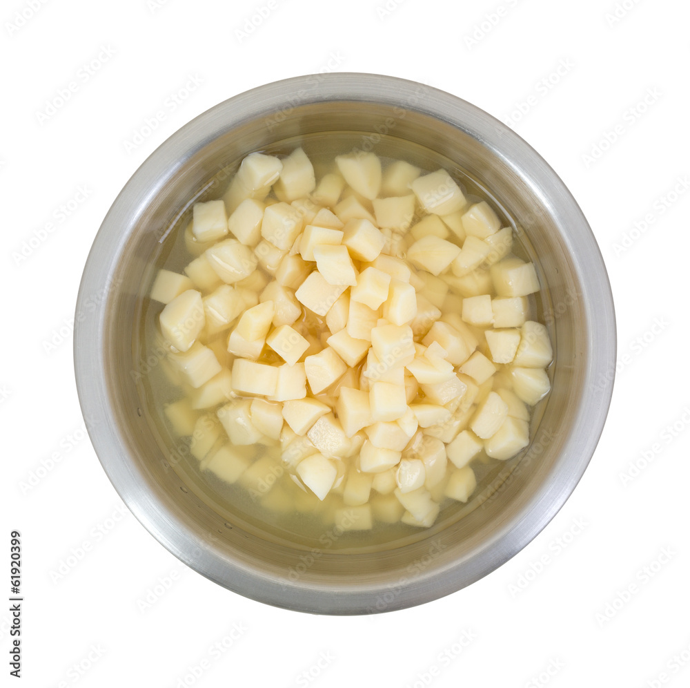 Diced potatoes in stainless steel bowl Diced potatoes in stainless steel bowl