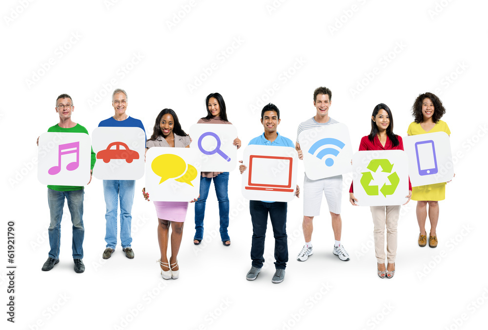 Group of Multi-Ethnic People Holding Social Media Icons Group of Multi-Ethnic People Holding Social Media Icons