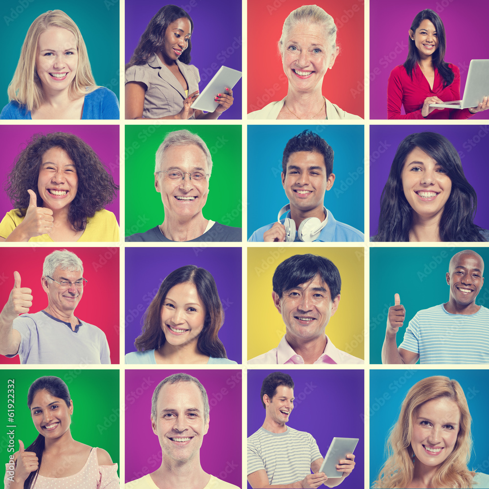 Group of Individuals Smiling and Communicating via Social Media Group of Individuals Smiling and Communicating via Social Media