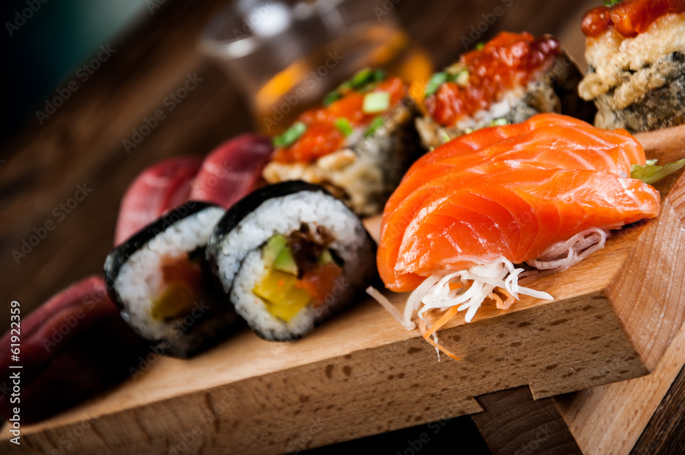 Decorative seafood concept with Japanese sushi Decorative seafood concept with Japanese sushi
