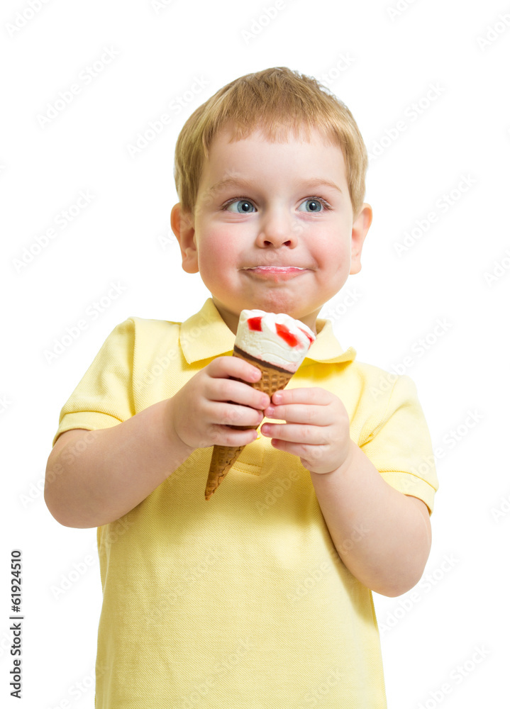 Kid boy eating ice cream with pleasure  isolated on white