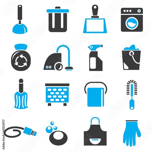 cleaning tools icons, household icons, blue theme