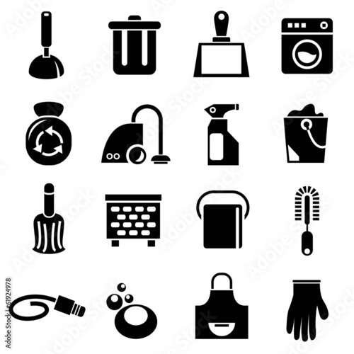 cleaning tools icons, household icons