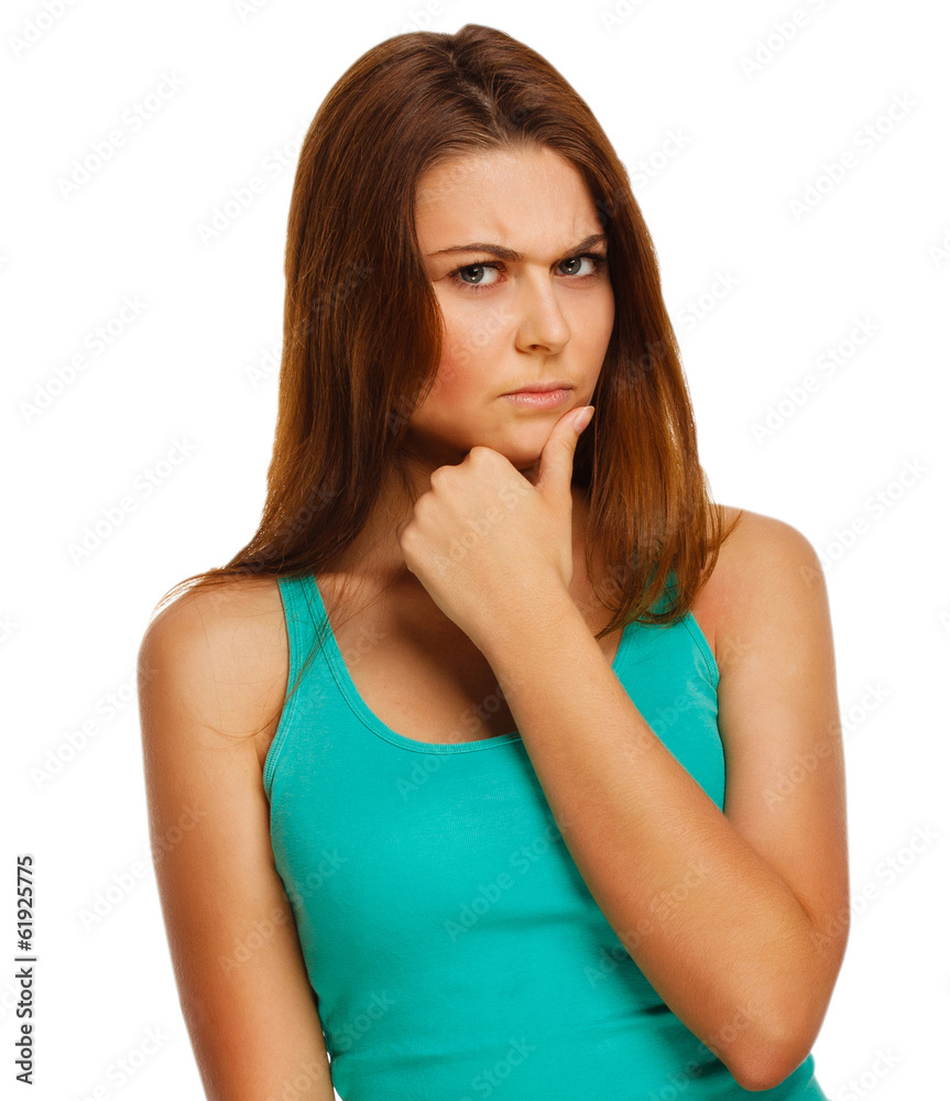 angry displeased woman brunette girl isolated angry displeased woman brunette girl isolated