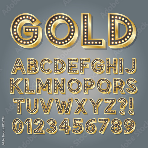Golden 3D Broadway Alphabet and Numbers, Eps 10 Vector Editable