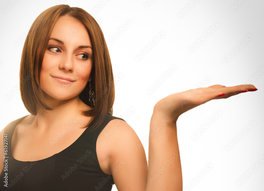 blond woman showing open hand holding blond woman showing open hand holding