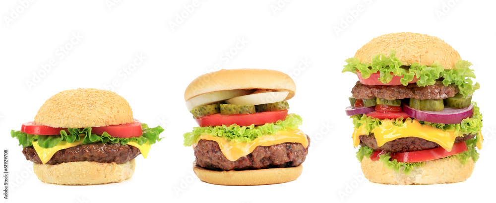 Three appetizing hamburgers. Three appetizing hamburgers.