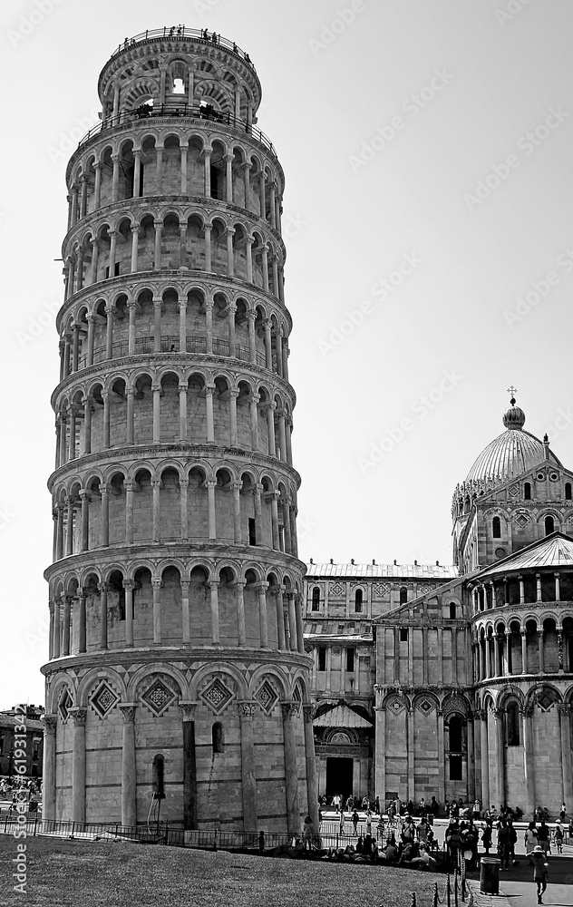 tower of Pisa in Piazza dei Miracoli in Italy in black and white