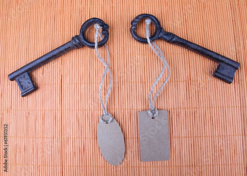 Keys with empty tag, on color wooden background