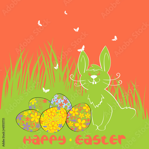 Vector Happy Easter card with easter bunny, eggs