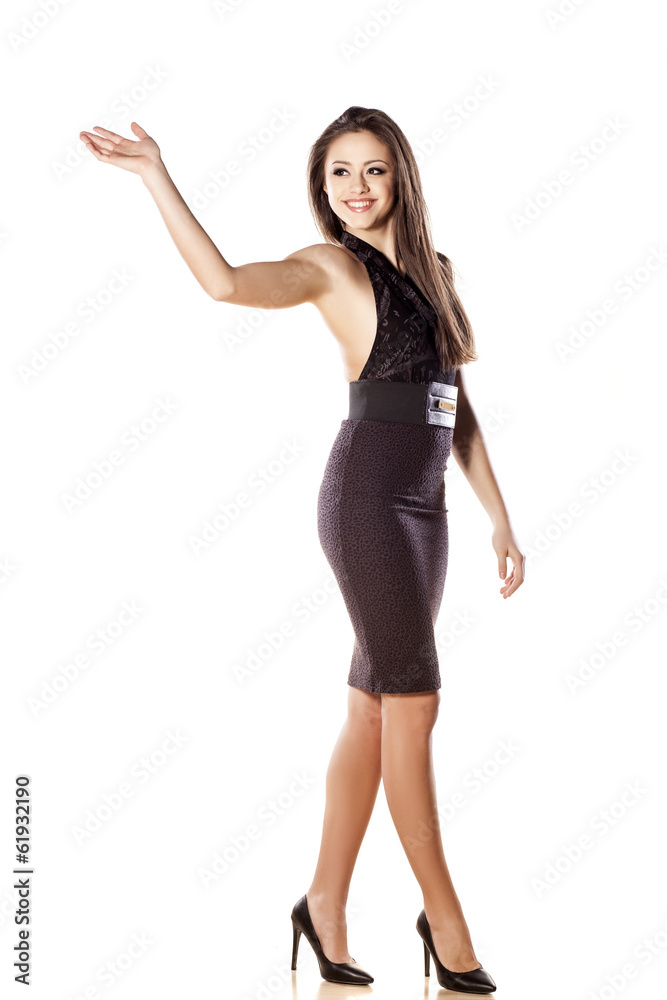 business woman posing with handbag and wave her hand business woman posing with handbag and wave her hand