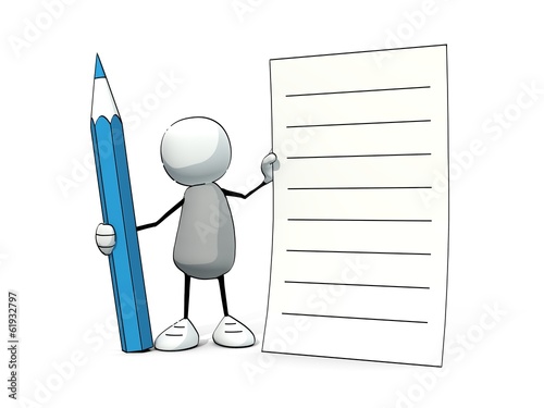 little sketchy man with blue pencil notepad