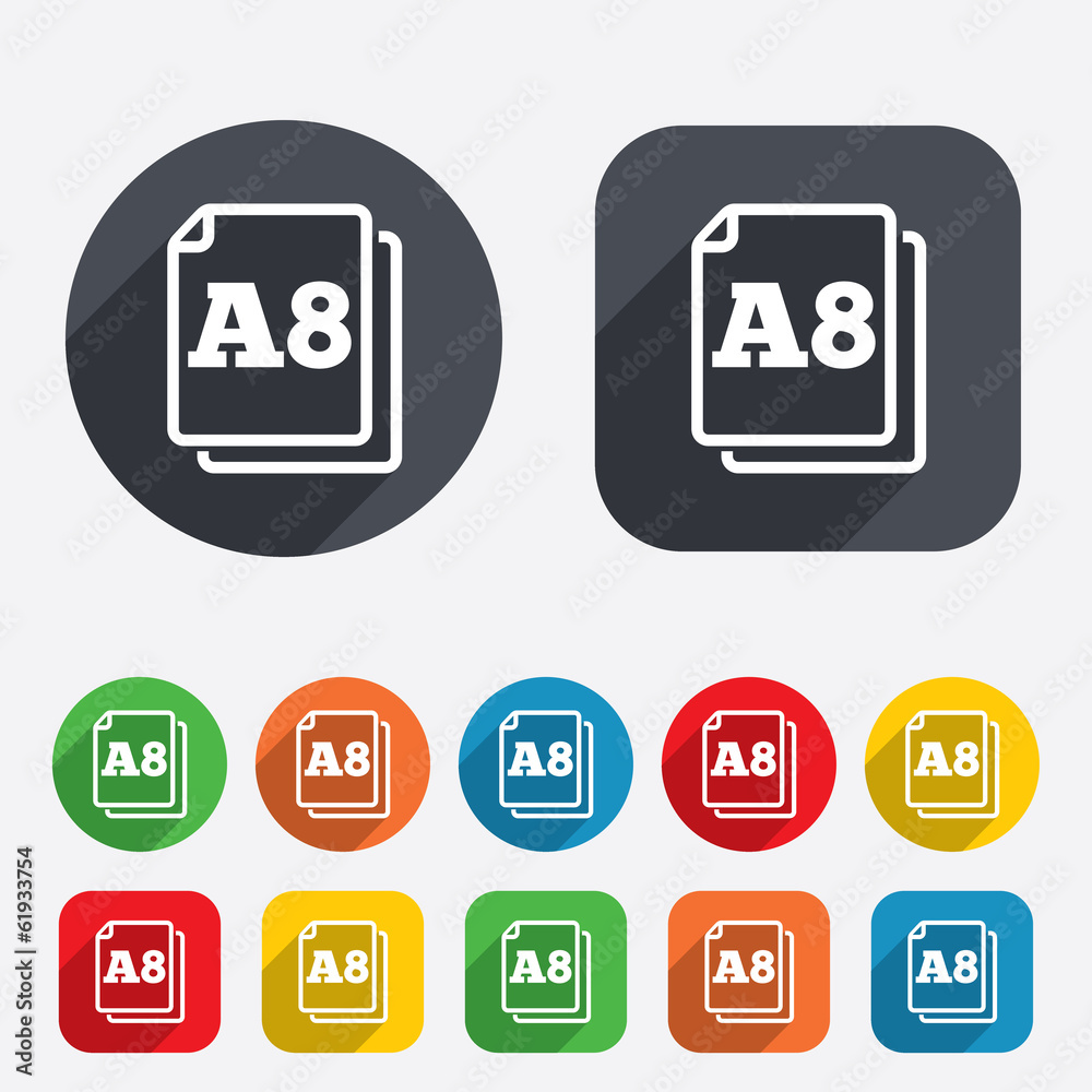 Paper size A8 standard icon. Document symbol.