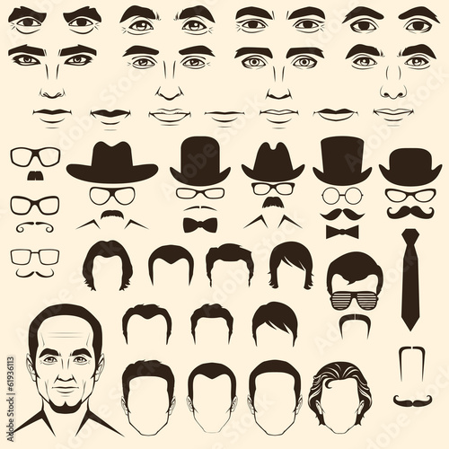 vector men  eye, lips, hair, face parts, head character