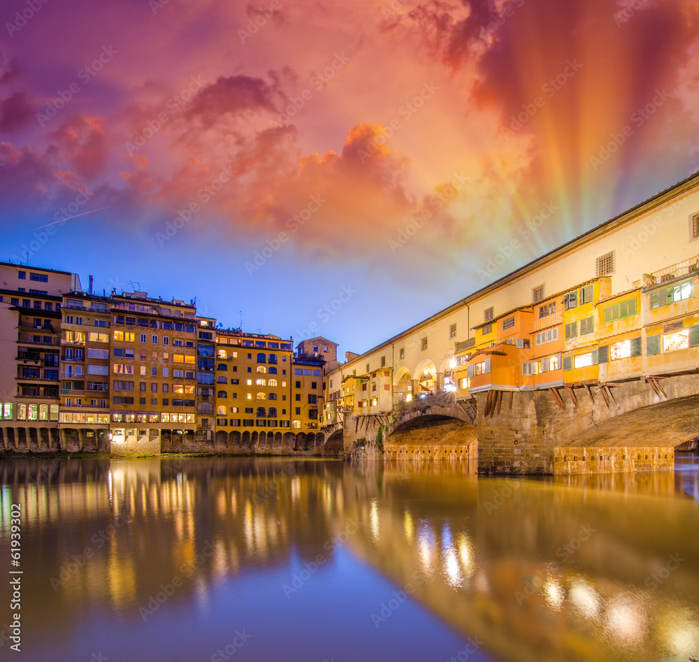 Florence. Arno river and Ponte Vecchio at dusk