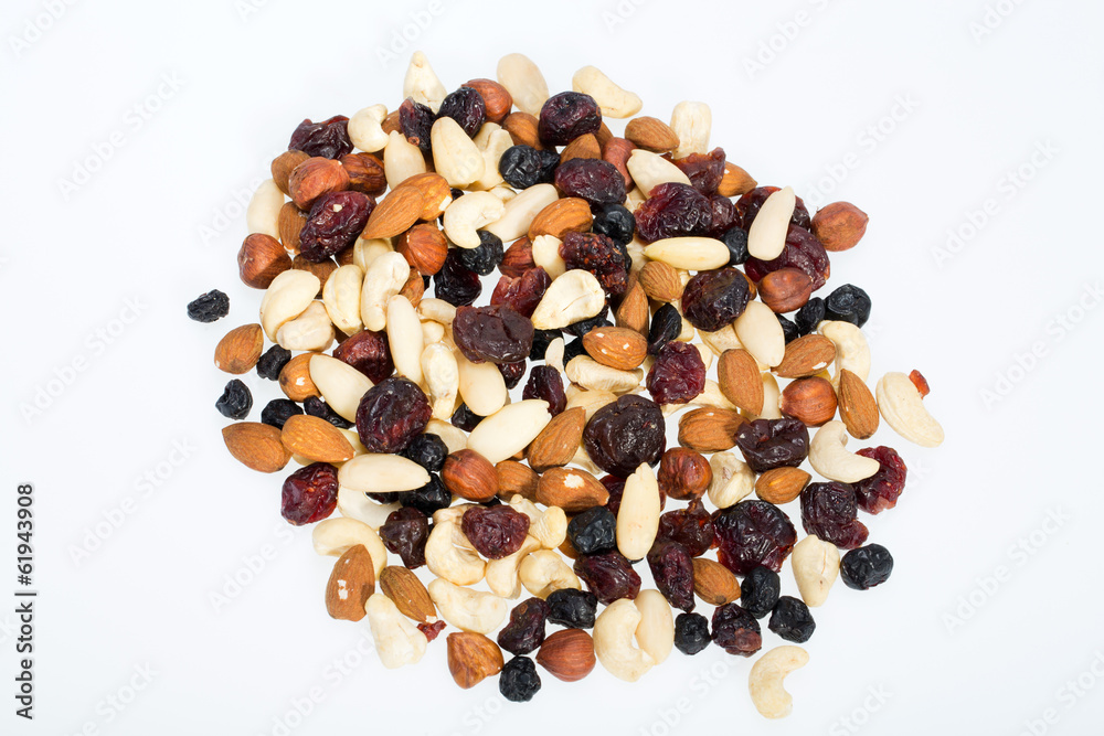 mixed nuts and dried fruits isolated on white background mixed nuts and dried fruits isolated on white background