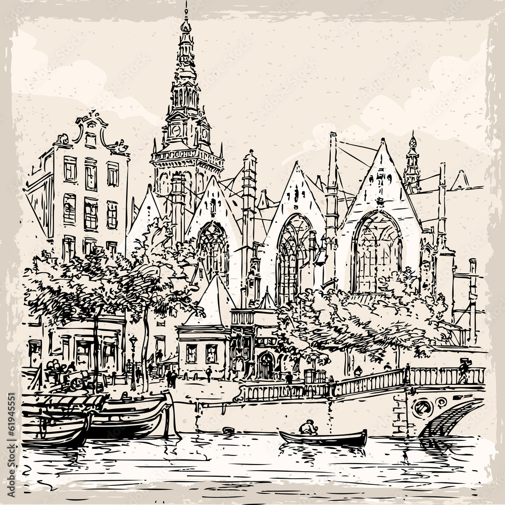 Vintage Hand Drawn View of Old Church in Amsterdam