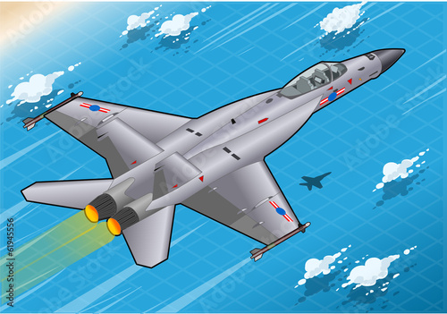 Isometric Fighter Bomber in Flight in Rear View