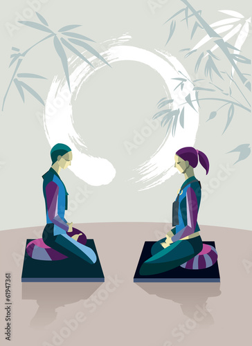 Man and Woman Meditating with Enso