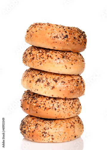 Stack of freshly baked Everything bagels photo