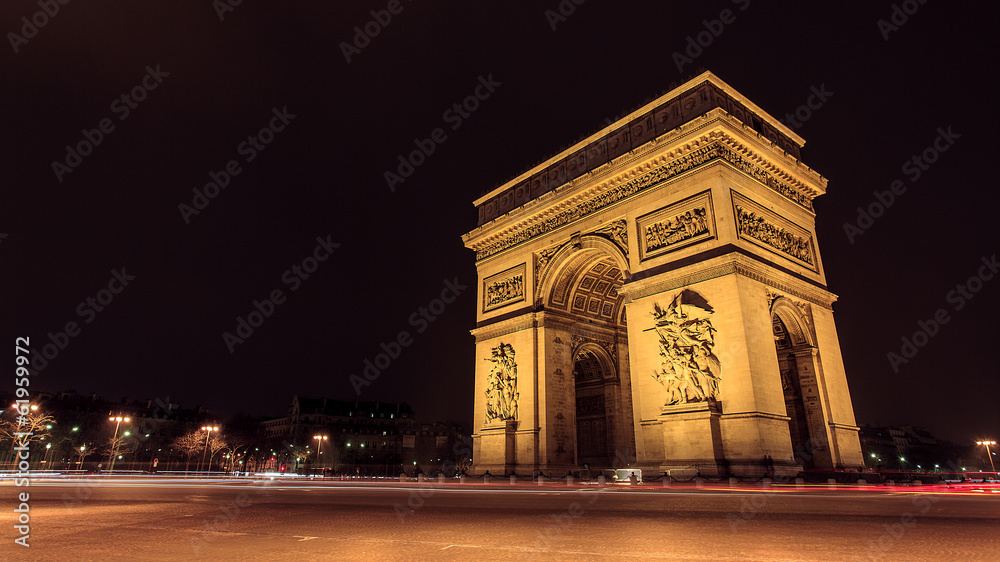Paris, Famous Arc de Triumph with flag of France