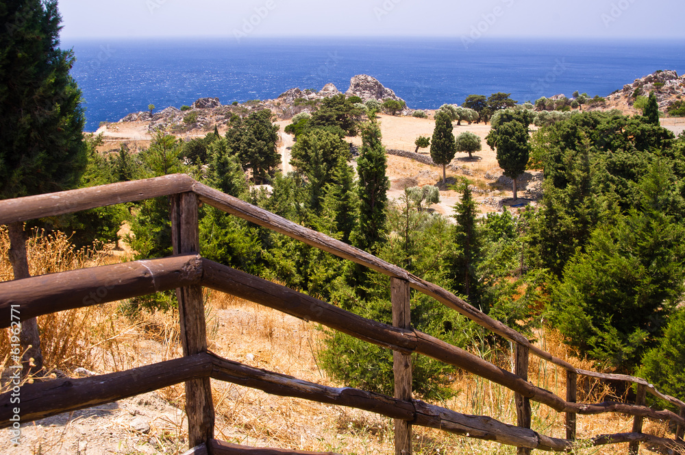 Stairway with a wooden fence to the coast of Lybian sea, Crete