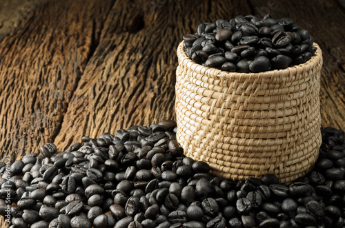 Coffee bean in basket on wooden background