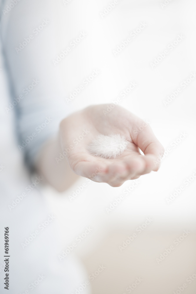 white feather on a woman hand closeup white feather on a woman hand closeup