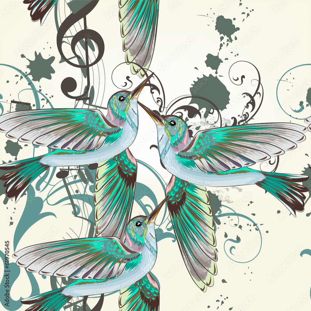 Fototapeta premium Seamless vector pattern with humming birds in watercolor style
