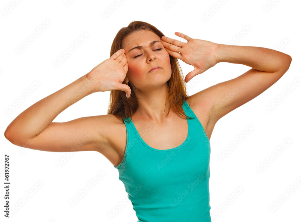 tired woman pain stress headache, holding his hands behind head,