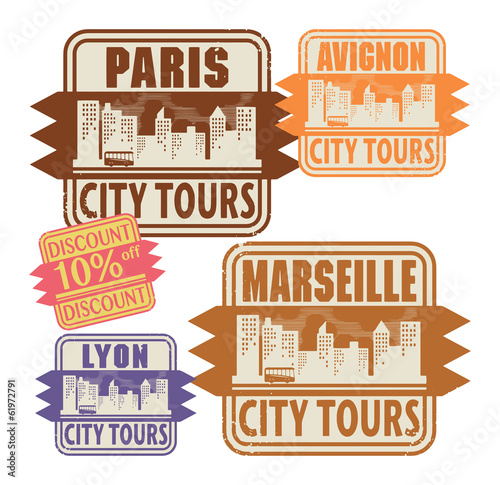 Grunge rubber stamp set with names of France cities