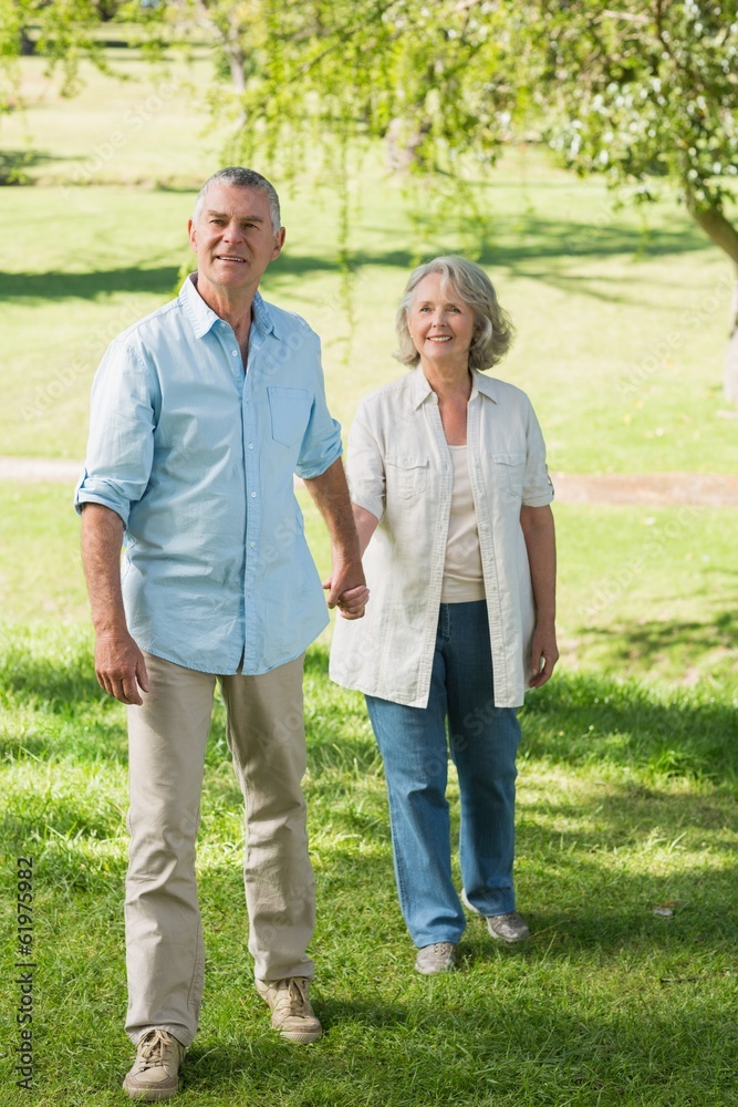Loving mature couple holding hands at summer park Loving mature couple holding hands at summer park