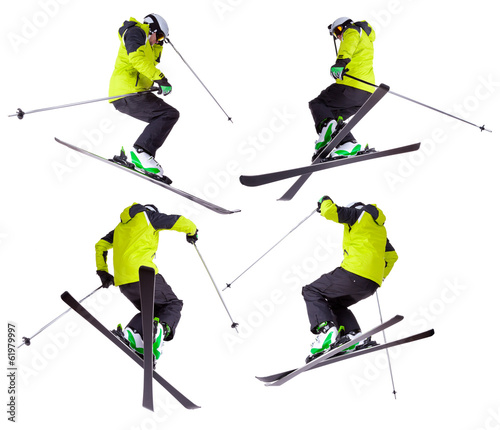 Collection of skier jumping freeride tricks on white