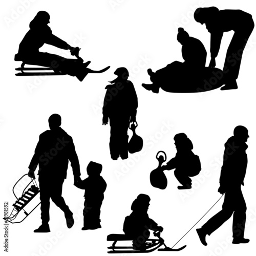 Black silhouettes set people and children with a sled white back