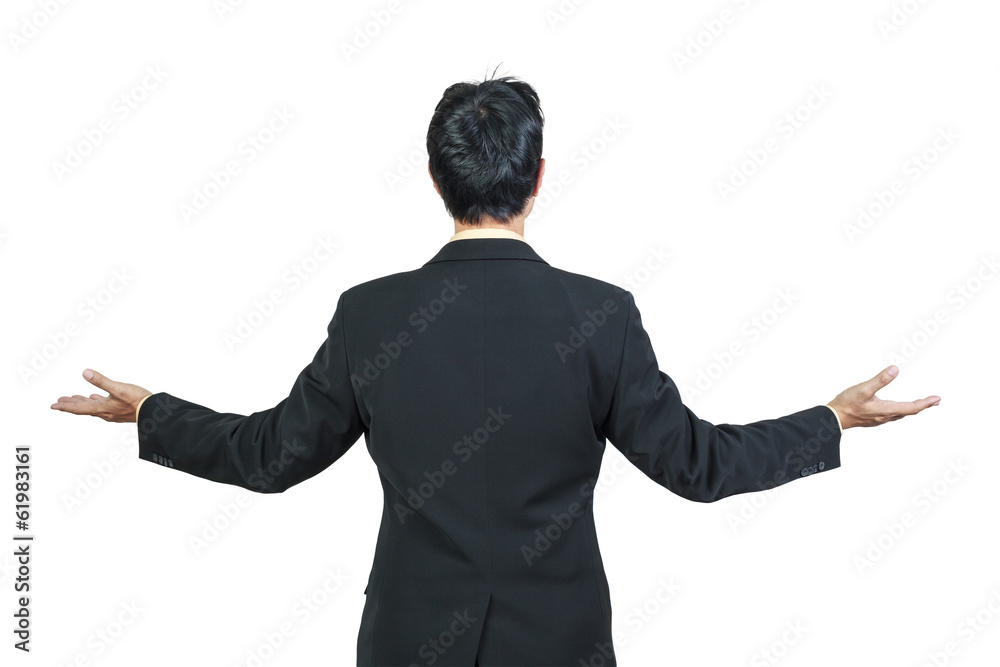 back view of businessman behind and presenting on white backgro back view of businessman behind and presenting on white backgro