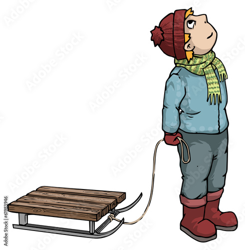 Little boy looking up, holding a sledge rope