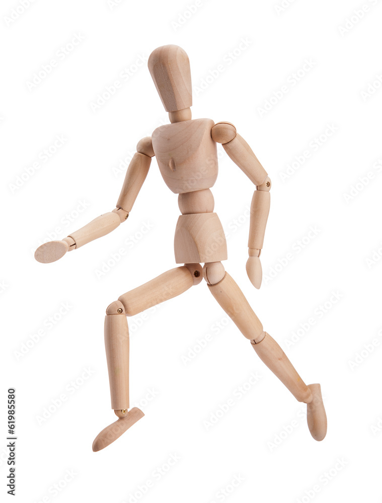 Wooden figure dummy running, isolated on white Wooden figure dummy running, isolated on white